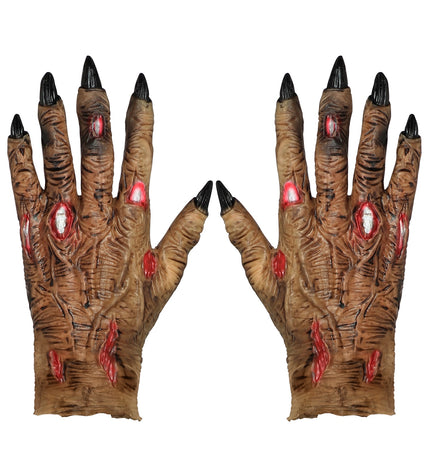Zombie handschoenen in bruin met zwarte klauwnagels en rode wonden, paar voor Halloween