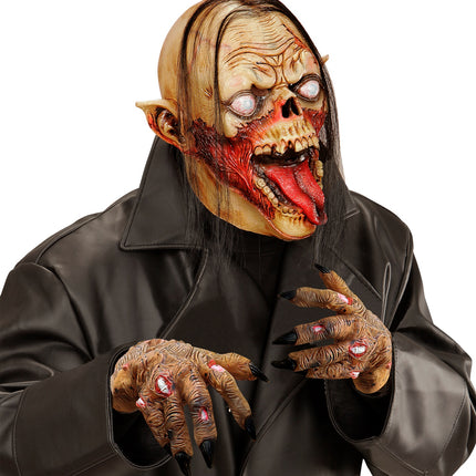 Zombie handschoenen close-up: gerimpelde bruine huid, wonden en spitse zwarte klauwen