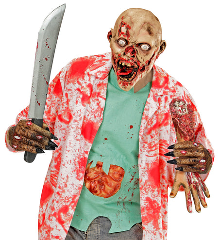 Zombie handschoenen gedragen bij zombielook, klauwhand houdt voorwerp vast