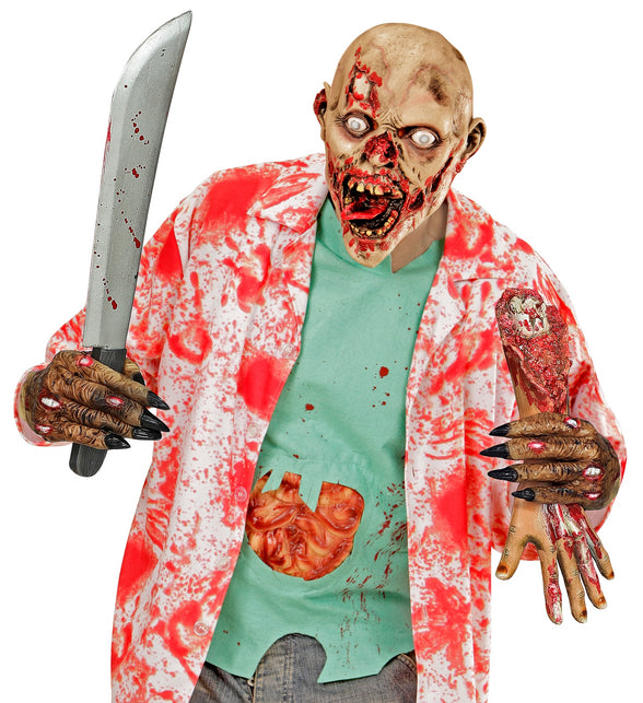 Zombie handschoenen gedragen bij zombielook, klauwhand houdt voorwerp vast