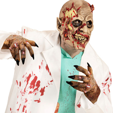 Zombie handschoenen met gekromde vingers en zwarte nagels, gedragen over de onderarm