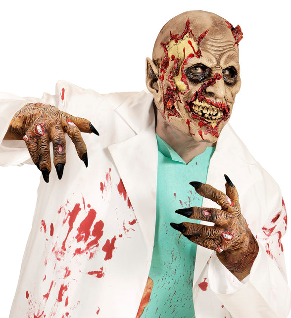 Zombie handschoenen met gekromde vingers en zwarte nagels, gedragen over de onderarm