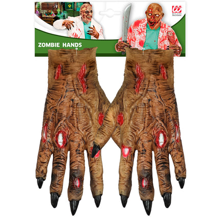 Zombie handschoenen op verpakkingskaart, twee horrorhanden met lange klauwen