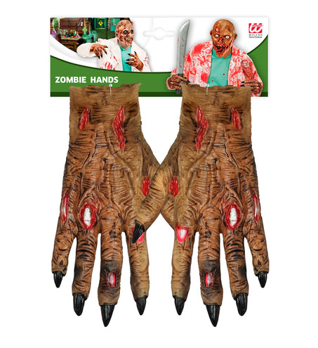 Zombie handschoenen op verpakkingskaart, twee horrorhanden met lange klauwen