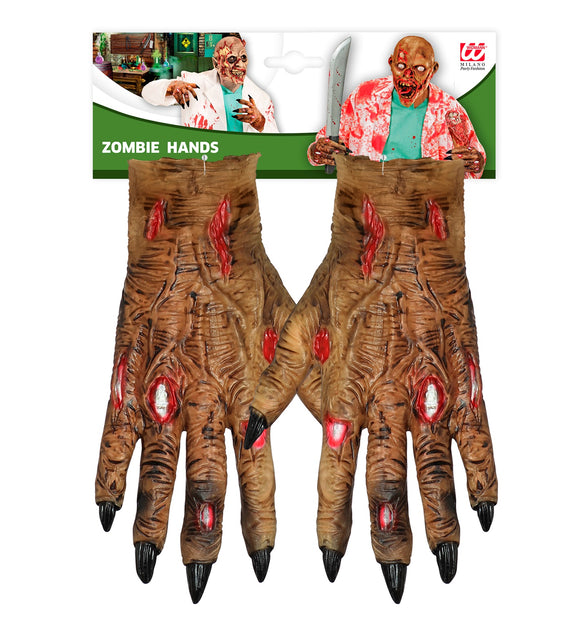 Zombie handschoenen op verpakkingskaart, twee horrorhanden met lange klauwen