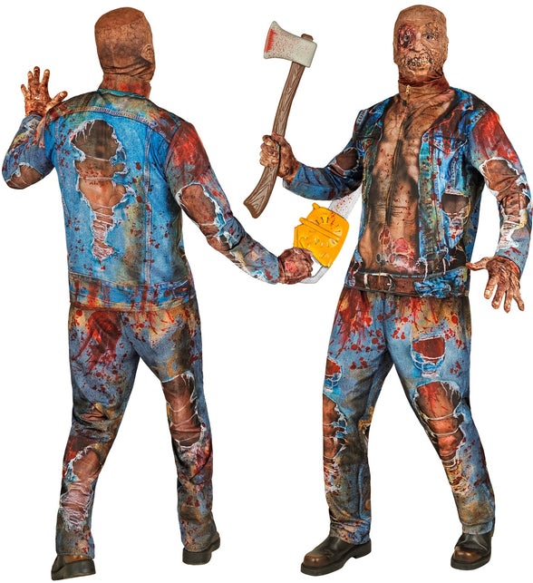 Zombie herenkostuum Hans van achteren met grote scheur op de rug van de denimjas