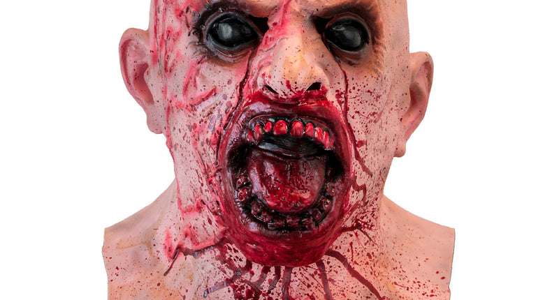 Zombie hoofdmasker van latex met bebloed gezicht, opengesperde muil en doorlopend halsstuk