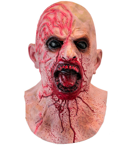 Zombie hoofdmasker van latex met bebloed gezicht, opengesperde muil en doorlopend halsstuk