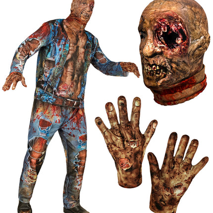 Zombie kostuum heren Hans compleet: jas, broek, handschoenen met wonden en masker met open oogholte