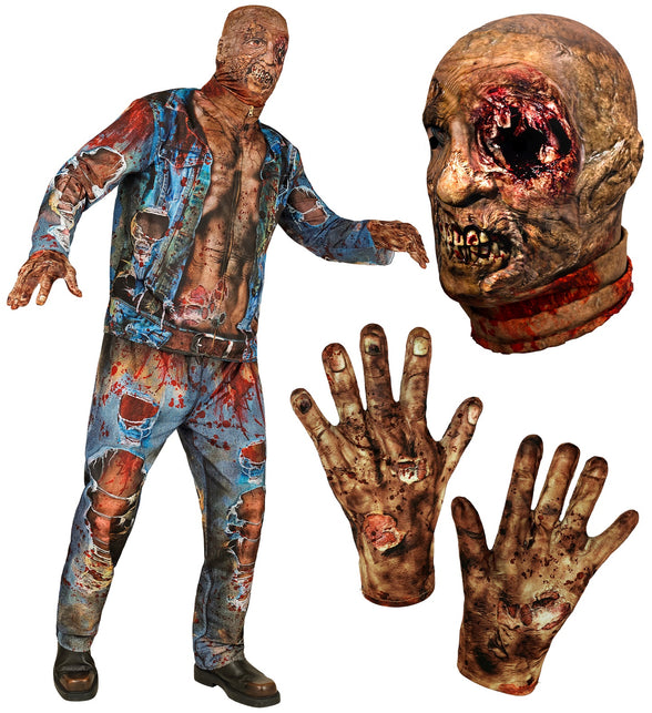 Zombie kostuum heren Hans compleet: jas, broek, handschoenen met wonden en masker met open oogholte
