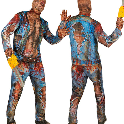 Zombie kostuum heren Hans met zombiemasker en handschoenen, blauw met bruin en rood, voor Halloween