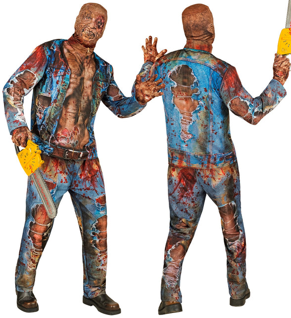 Zombie kostuum heren Hans met zombiemasker en handschoenen, blauw met bruin en rood, voor Halloween