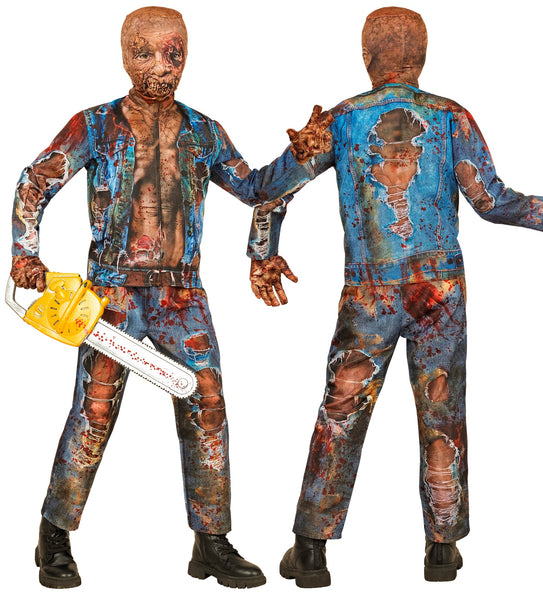 Zombie kostuum kinderen met blauwe jeansjas, gaten in de broek en zombiemasker met beschadigd oog