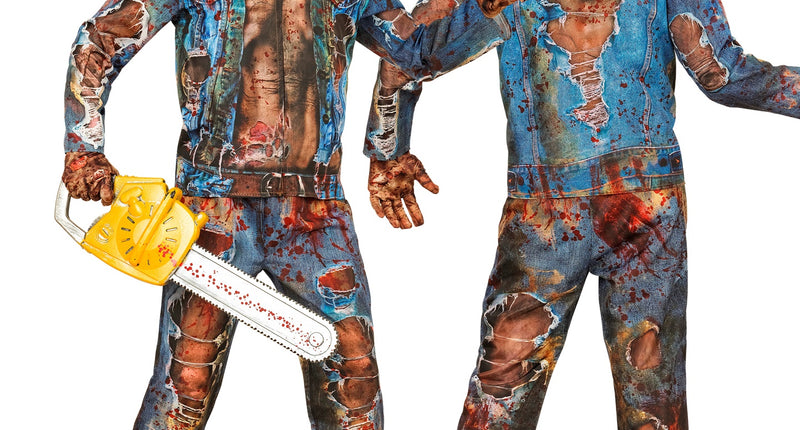 Zombie kostuum Liv kinderen voor- en achterkant met gescheurde denimprint en bloedvlekken voor Halloween