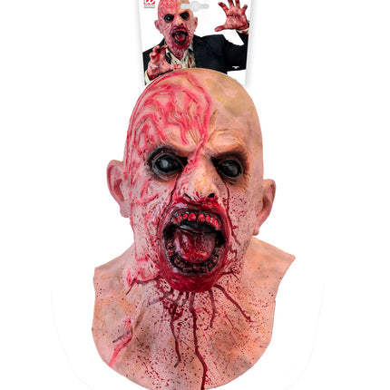 Zombie latexmasker in de verpakking van Widmann met bloedsporen op de hals
