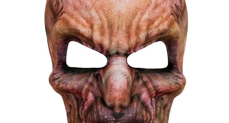 Zombie masker van stof, verweerd kaal gezicht met gele tanden en open ogen, voor Halloween