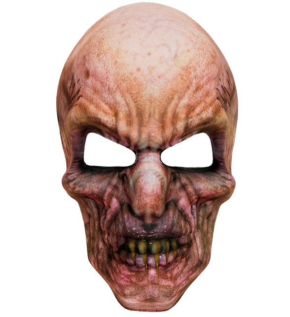 Zombie masker van stof, verweerd kaal gezicht met gele tanden en open ogen, voor Halloween