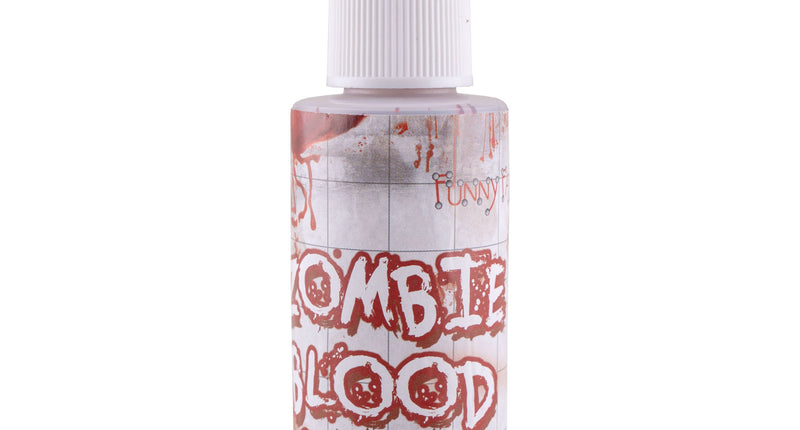 Zombie nep bloedspray in kunststof flesje met witte pomp en donkerrood nepbloed, voor Halloween