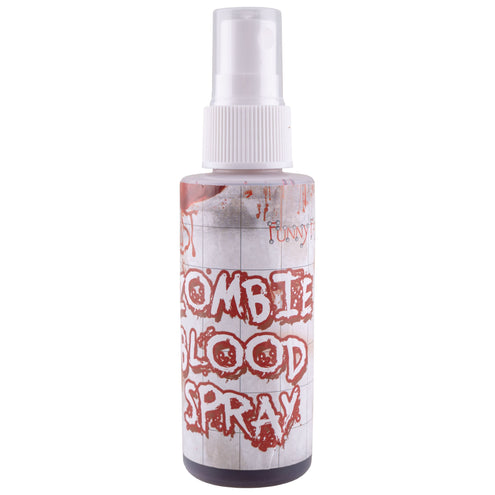Zombie nep bloedspray in kunststof flesje met witte pomp en donkerrood nepbloed, voor Halloween