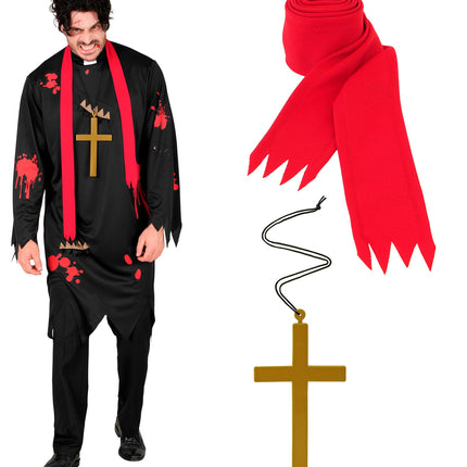 Zombie priester kostuum Henk met losse rode sjaal met gepunte slippen en goudkleurig kruis aan koord
