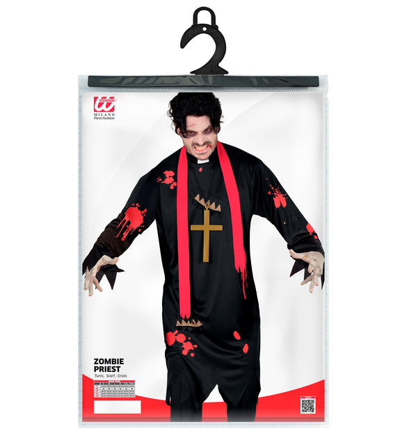 Zombie priester kostuum horror Henk in verpakking met maattabel S tot XXXL