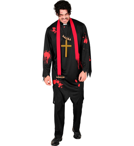 Zombie priester kostuum horror Henk met zwarte tuniek, rode sjaal en gouden kruis voor Halloween