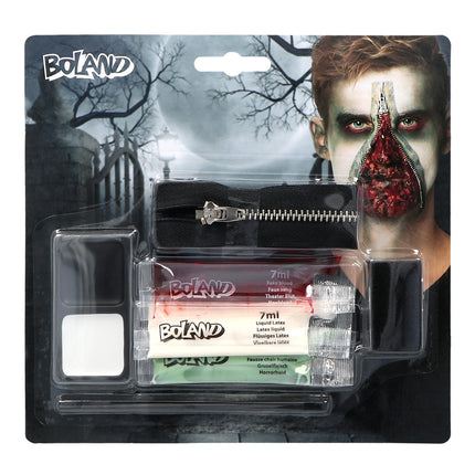 Zombie schminkset met rits van Boland in verpakking met nepbloed, vloeibaar latex, vetschmink, spons en kwastje