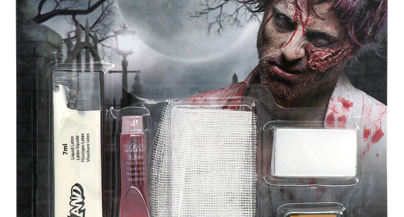 Zombie schminkset Undead van Boland op kaart met vloeibare latex, nepbloed, gaas, spons en gele vetschmink
