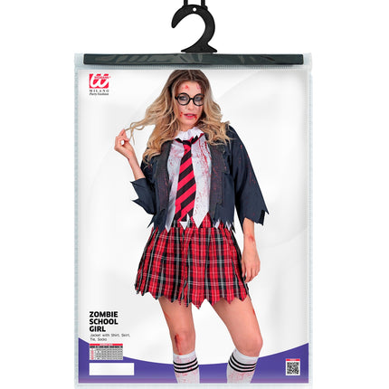 Zombie schoolmeisje kostuum Emma in verpakking met jas, shirt, rokje, stropdas en sokken
