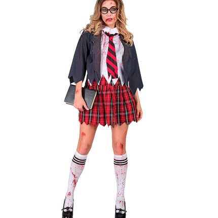 Zombie schoolmeisje kostuum Emma vooraanzicht met bloedspatten op wit shirt en geruit plooirokje