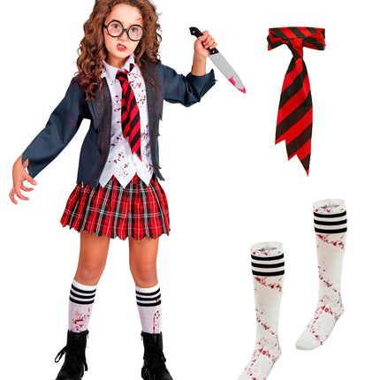 Zombie schoolmeisje kostuum met losse rood-zwart gestreepte stropdas en bebloede kniesokken