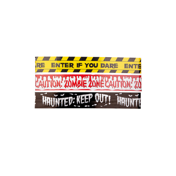 Zombie zone caution tape 3-pak met geel gestreept, druipend rood en zwart lint voor Halloween