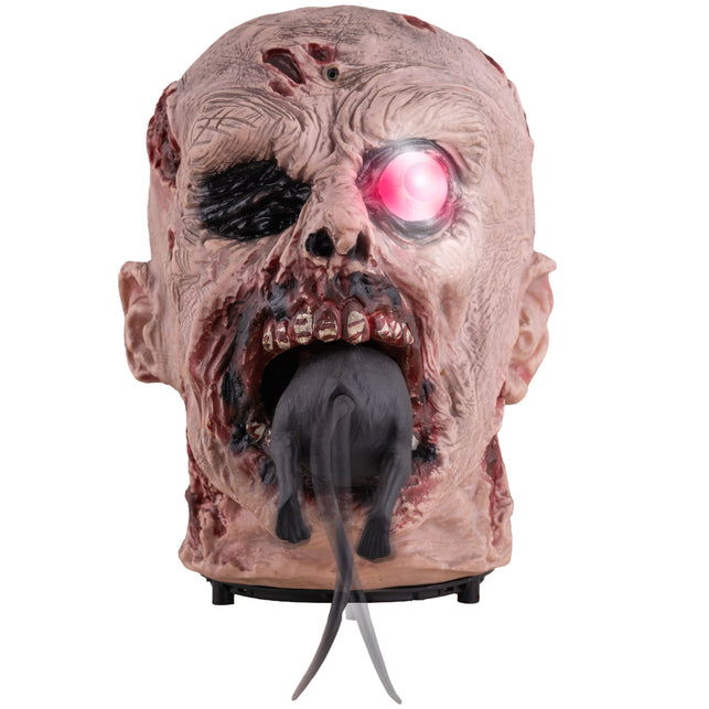 Zombiehoofd eet rat animatronic van voren met rood oplichtend oog en rat in de bek