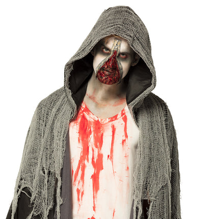 Zombielook met open ritswond, grijze capuchon en bloedspatten op het shirt