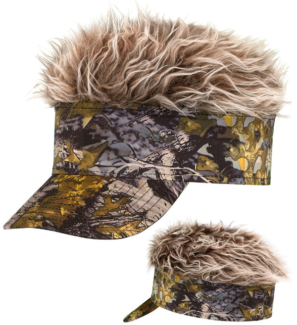 Zonneklep camouflage met blond stekelig pluche haar, voor- en zijaanzicht van de klep