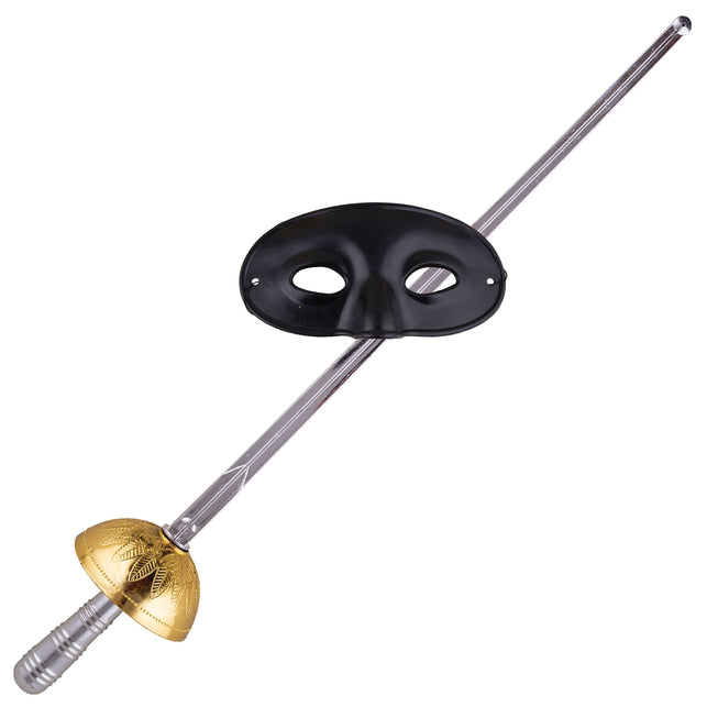 Zorro set 2-dlg met zwart oogmasker en zilverkleurig zwaard met goudkleurig gevest met bladreliëf