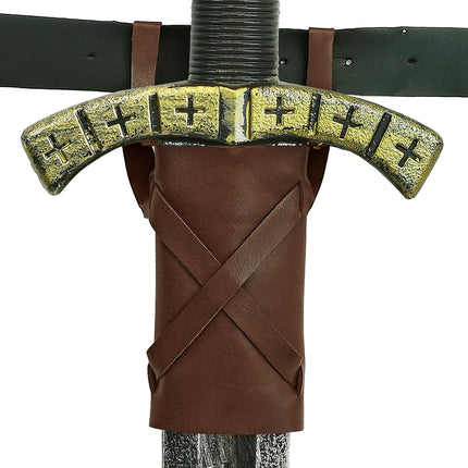 Zwaard holster bruin op zwarte riem met gouden zwaardgevest erin geschoven