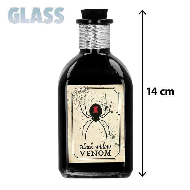 Zwart gifflesje Black widow venom van 14 cm hoog met zwarte stop en etiket met zwarte weduwe