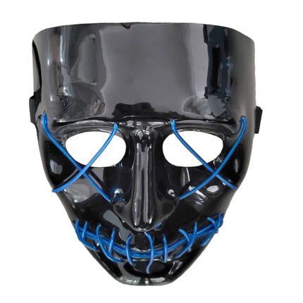 Zwart glanzend scary masker van pvc met blauwe lichtdraden rond ogen en mond, uit gedragen stand gezien