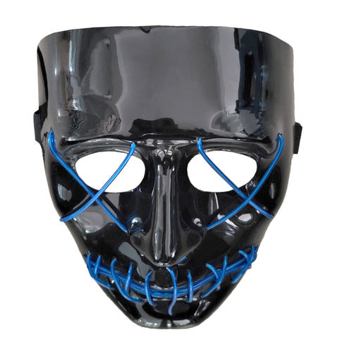 Zwart glanzend scary masker van pvc met blauwe lichtdraden rond ogen en mond, uit gedragen stand gezien