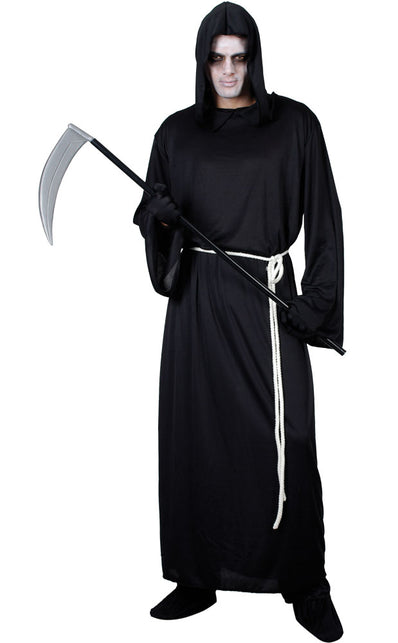 Zwart Grimreaper gewaad met wijd uitlopende mouwen en geknoopt wit koord in de taille