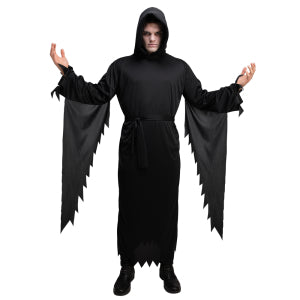 Zwart horrorgewaad met bindceintuur in de taille en punten-zoom, gedragen door een model