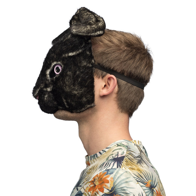 Zwart konijnenmasker van zijkant, halfmasker met band achter het hoofd