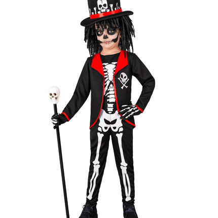 Zwart Voodoo Priester jasje met witte skeletprint en hoge hoed met dreadlocks, vooraanzicht