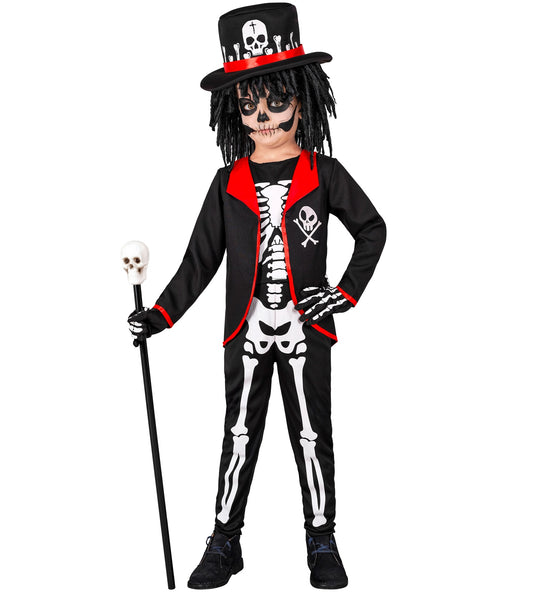 Zwart Voodoo Priester jasje met witte skeletprint en hoge hoed met dreadlocks, vooraanzicht