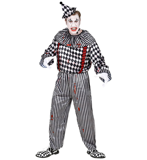 Zwart-wit clownskostuum heren met geplooide kraag en gestreepte broek met rode spatten