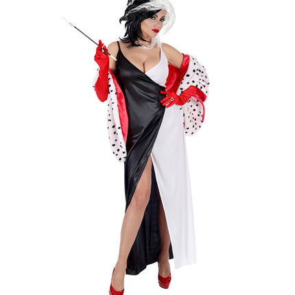 Zwart-witte Cruella jurk dames met hoge split aan de voorzijde en losse dalmatiercape