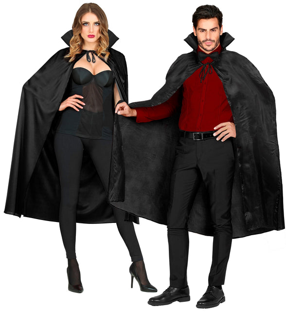 Zwarte cape 130cm van polyester, enkellang en open aan de voorzijde
