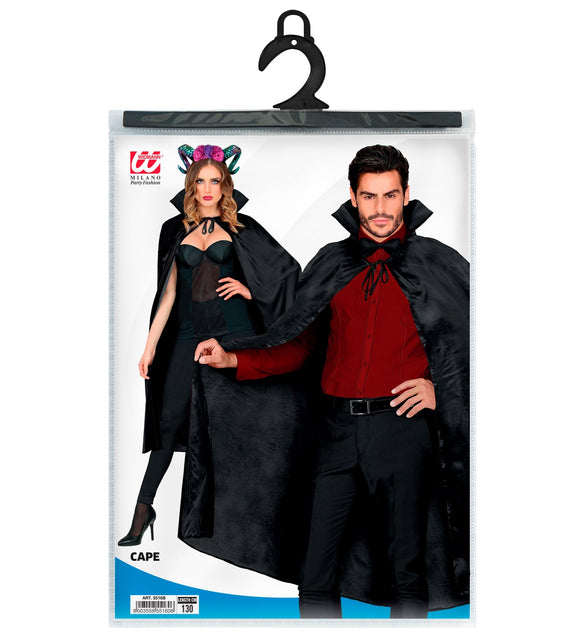 Zwarte cape 130cm in verpakking met hanger en lengteaanduiding 130 cm