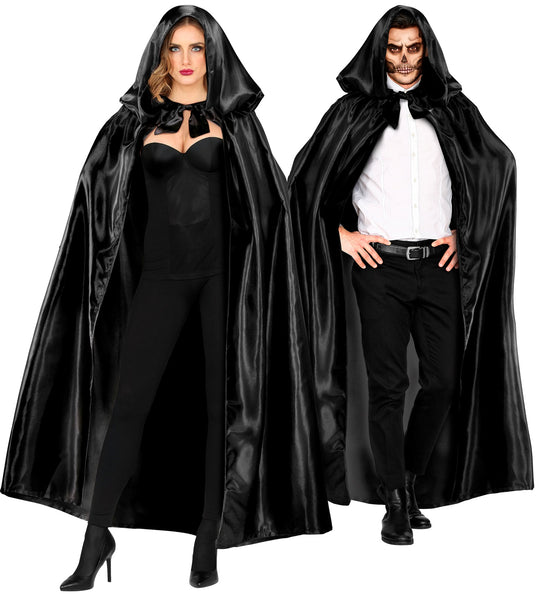 Zwarte cape met capuchon van 152 cm in glanzend satijnlook, gedragen door dame en heer